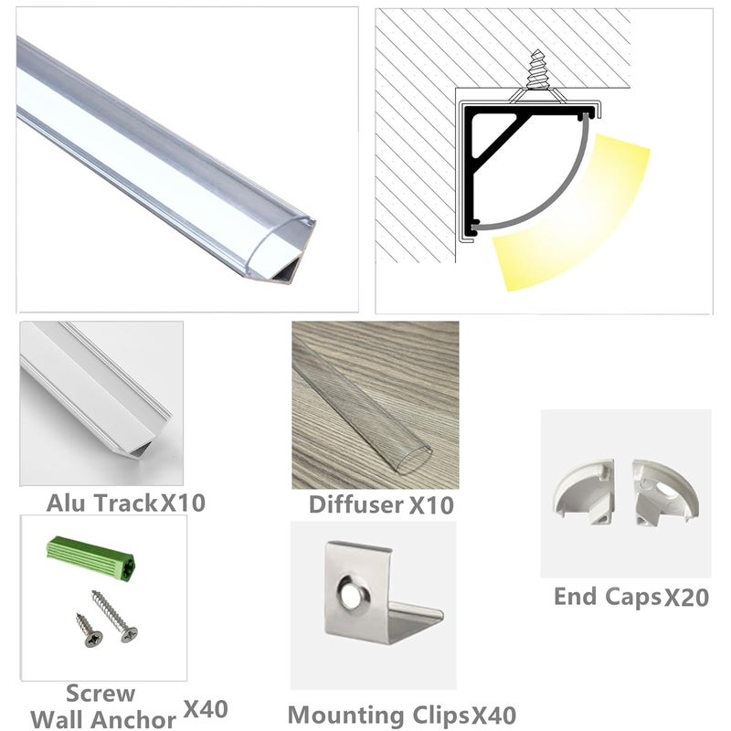 THMOOTHER 10-Pack 6.56FT V Shape LED Strip Aluminum Channel with Clear Cover, Extruded Alu Track with Transparent PC Lens and Mounting Kit,Easy Cut and Installed Corner Mount Profile (10, 6.56FT) - Image 3